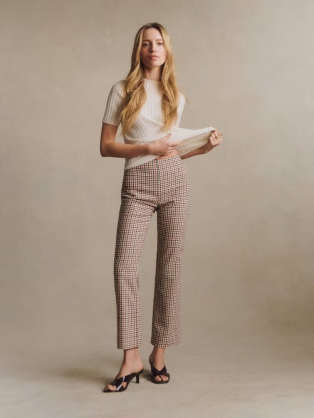 SEZANE Ciara Red Blue Gingham Check Bi-Stretch Twill Skinny Pants, Size 36/4